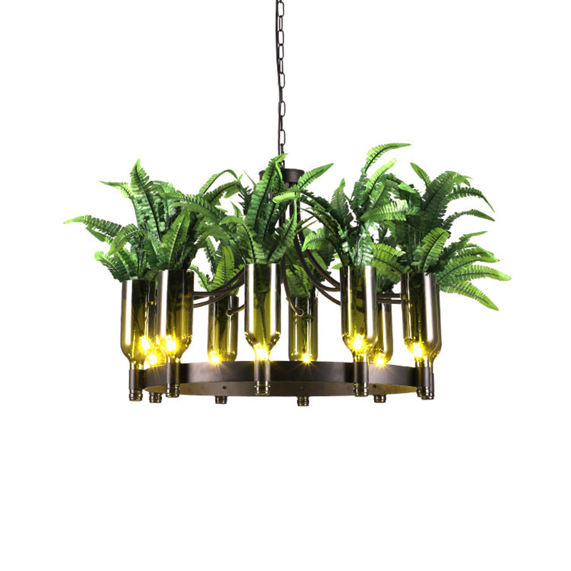 Lustre industriel en métal vert à 10 têtes avec décoration végétale - Plafonnier rond pour restaurant