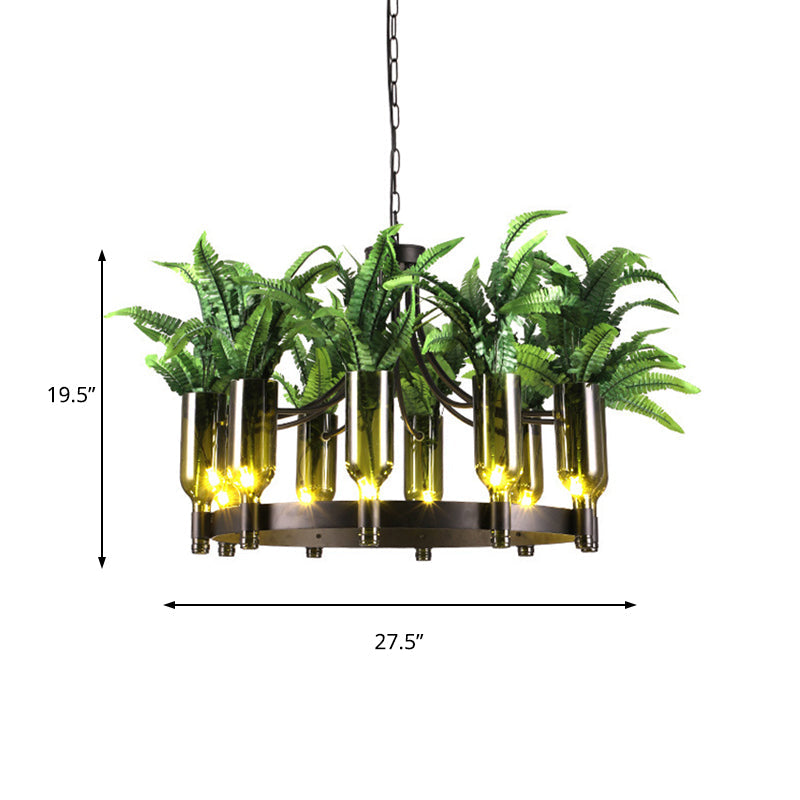 Lustre industriel en métal vert à 10 têtes avec décoration végétale - Plafonnier rond pour restaurant