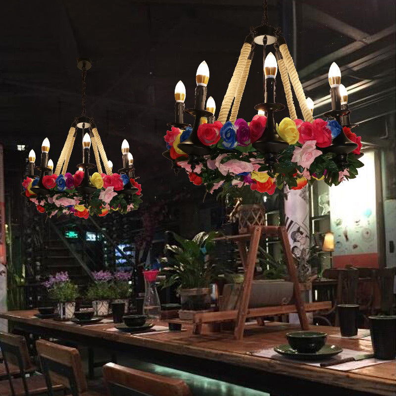 Lara - Lustre à bougie vintage à 6 têtes avec corde de chanvre et LED en forme de fleur en noir pour restaurant