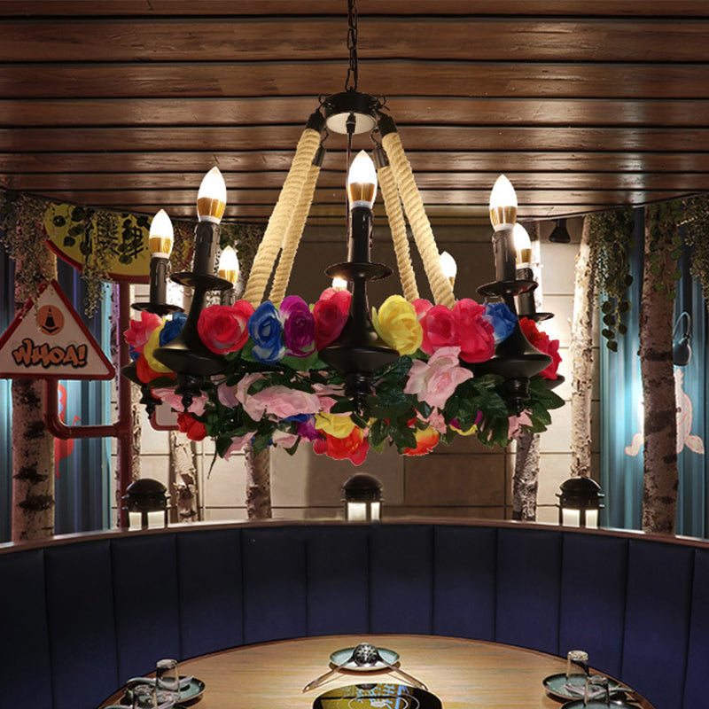 Lara - Lustre à bougie vintage à 6 têtes avec corde de chanvre et LED en forme de fleur en noir pour restaurant