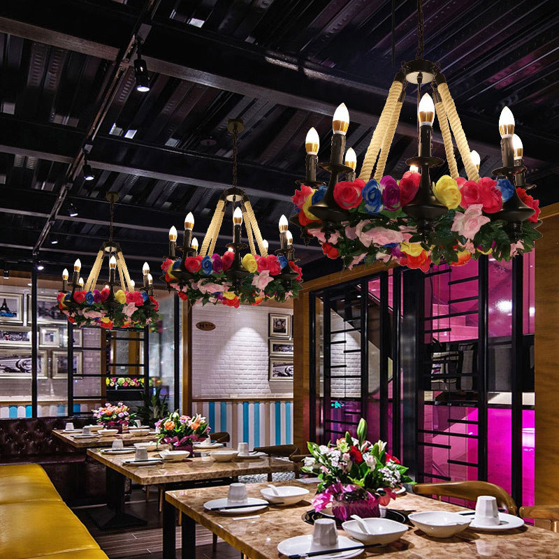 Lara - Lustre à bougie vintage à 6 têtes avec corde de chanvre et LED en forme de fleur en noir pour restaurant