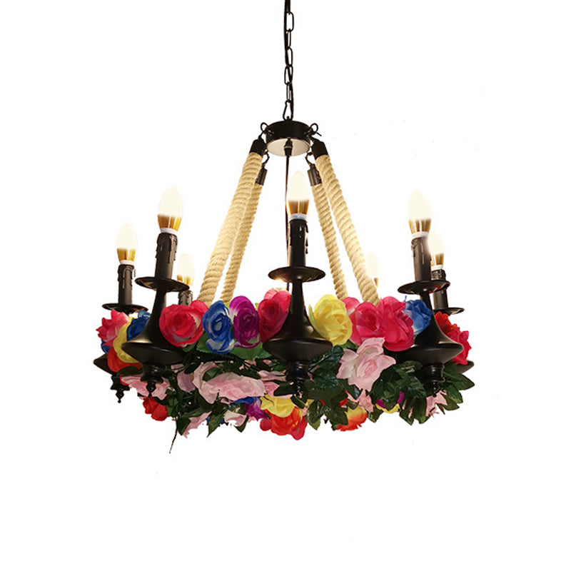 Lara - Lustre à bougie vintage à 6 têtes avec corde de chanvre et LED en forme de fleur en noir pour restaurant