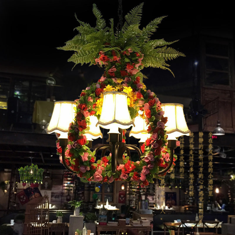 Lustre industriel noir avec motif de fleur en tissu LED - Lampe suspendue à 5 lumières