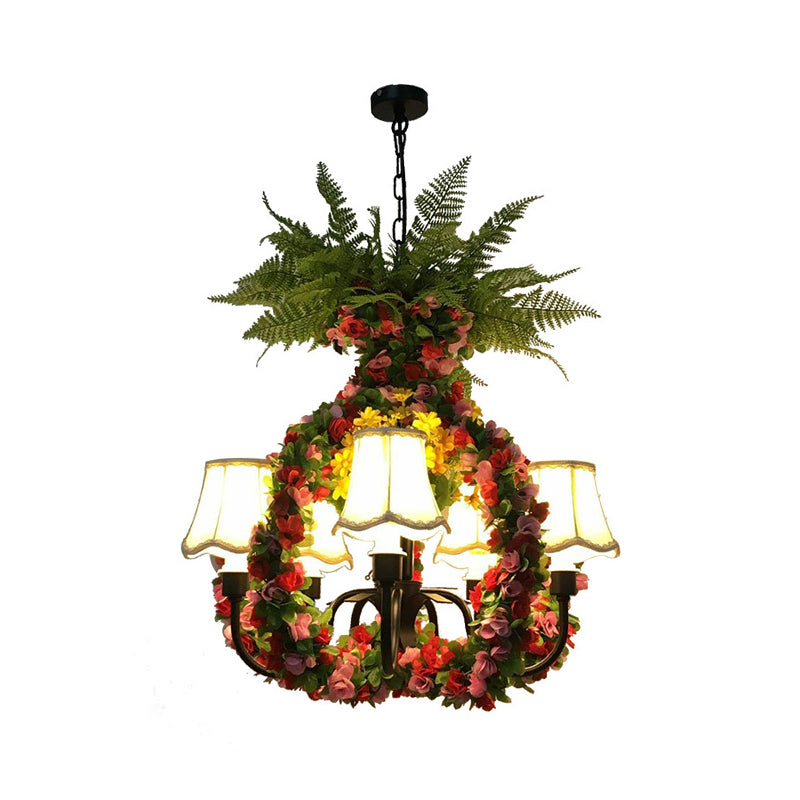 Lustre industriel noir avec motif de fleur en tissu LED - Lampe suspendue à 5 lumières