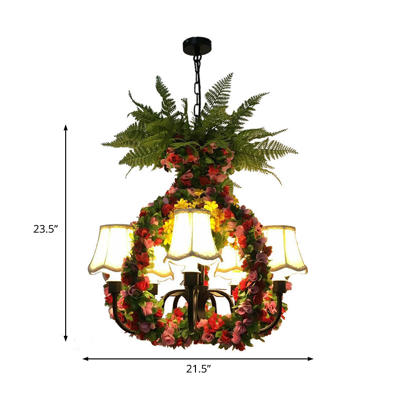 Lustre industriel noir avec motif de fleur en tissu LED - Lampe suspendue à 5 lumières