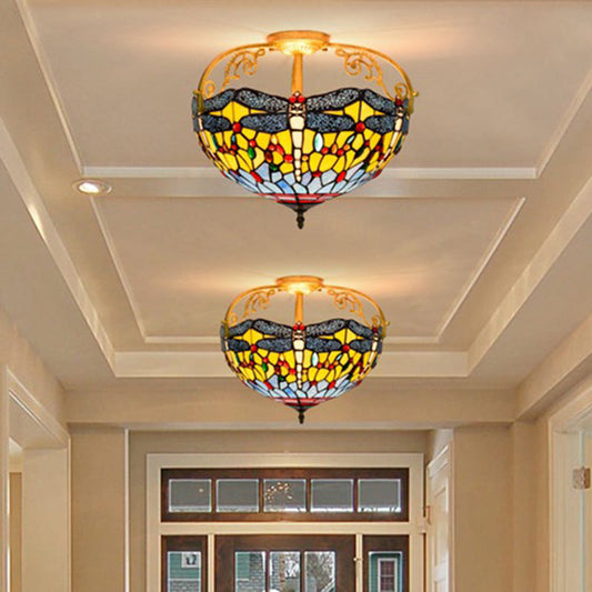 Dragonfly Cut Glass Semi Flush Mount Ceiling Light Fixture - Mediterranean Style, 3 Lights, Yellow/Orange/Blue - Perfect for Corridors