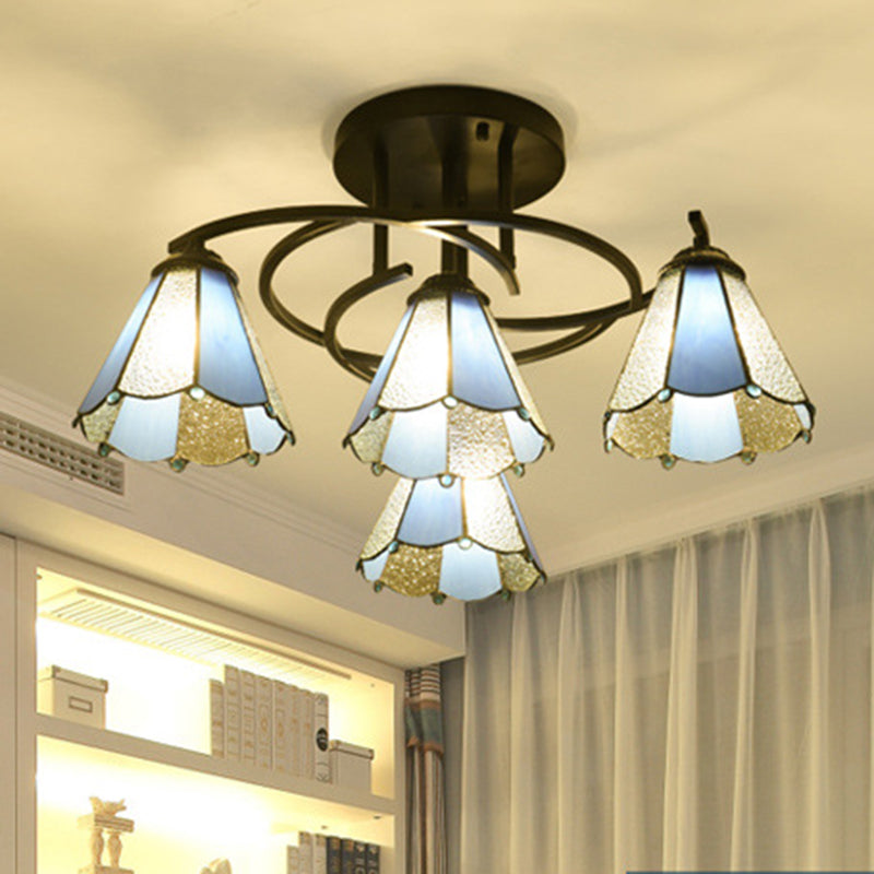 Plafonnier de chambre noir méditerranéen avec abat-jour en verre blanc/beige/bleu en forme de cône/dôme - Montage semi-encastré à 4 lumières