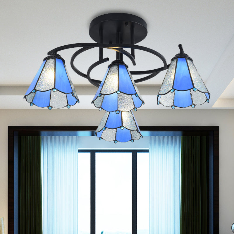 Plafonnier de chambre noir méditerranéen avec abat-jour en verre blanc/beige/bleu en forme de cône/dôme - Montage semi-encastré à 4 lumières