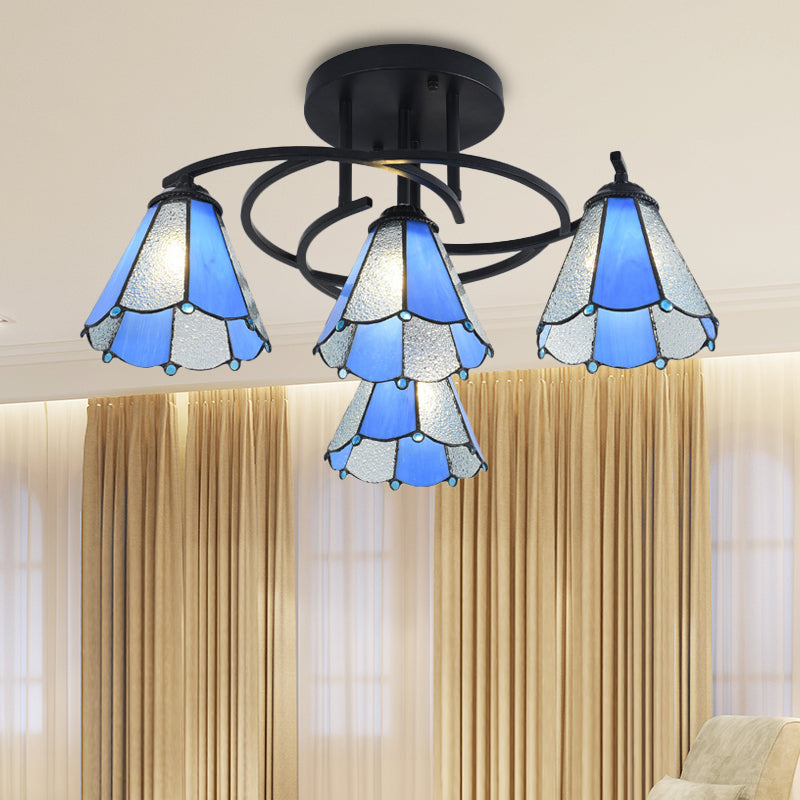 Plafonnier de chambre noir méditerranéen avec abat-jour en verre blanc/beige/bleu en forme de cône/dôme - Montage semi-encastré à 4 lumières