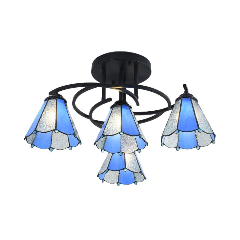 Plafonnier de chambre noir méditerranéen avec abat-jour en verre blanc/beige/bleu en forme de cône/dôme - Montage semi-encastré à 4 lumières