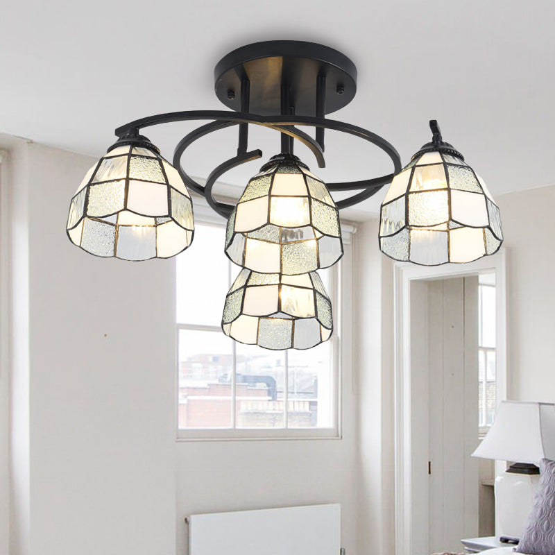 Plafonnier de chambre noir méditerranéen avec abat-jour en verre blanc/beige/bleu en forme de cône/dôme - Montage semi-encastré à 4 lumières
