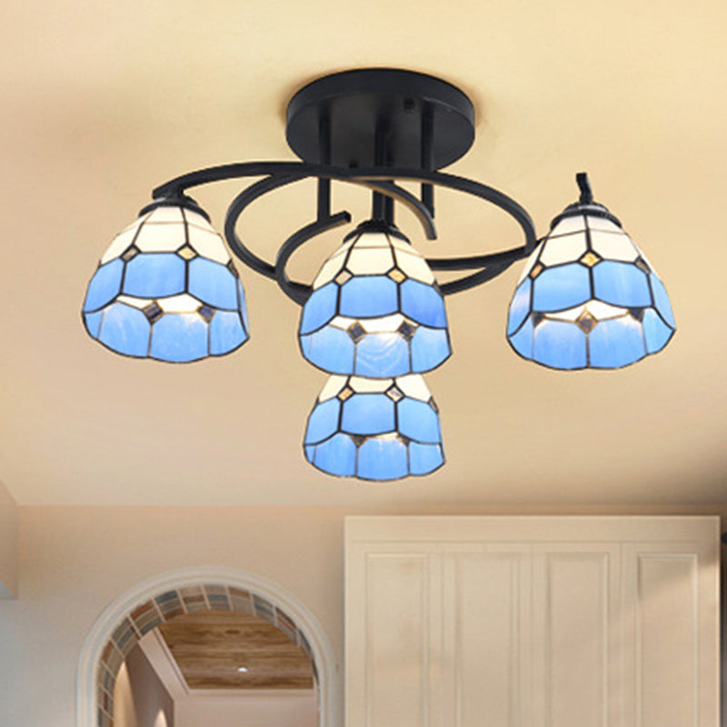 Plafonnier de chambre noir méditerranéen avec abat-jour en verre blanc/beige/bleu en forme de cône/dôme - Montage semi-encastré à 4 lumières