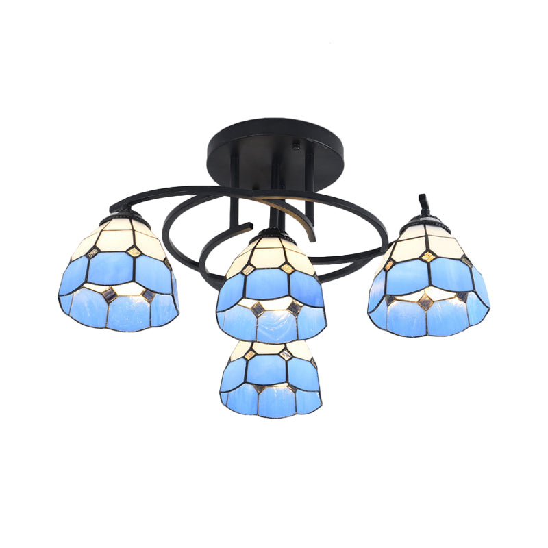 Plafonnier de chambre noir méditerranéen avec abat-jour en verre blanc/beige/bleu en forme de cône/dôme - Montage semi-encastré à 4 lumières