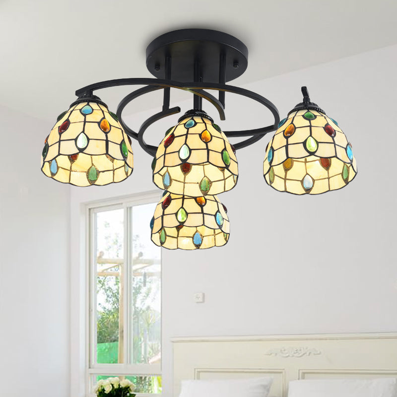 Plafonnier de chambre noir méditerranéen avec abat-jour en verre blanc/beige/bleu en forme de cône/dôme - Montage semi-encastré à 4 lumières