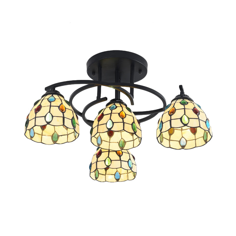 Plafonnier de chambre noir méditerranéen avec abat-jour en verre blanc/beige/bleu en forme de cône/dôme - Montage semi-encastré à 4 lumières