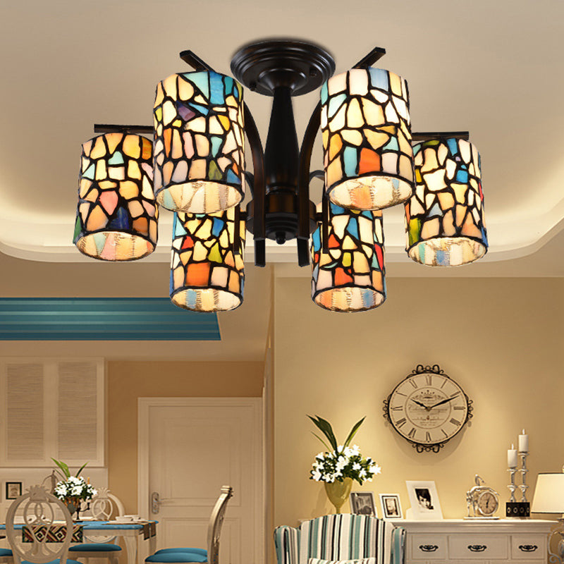 Mediterranean Cylinder Glass Ceiling Mount - Semi Flush Light (6/8 Lights) in Black for Living Room