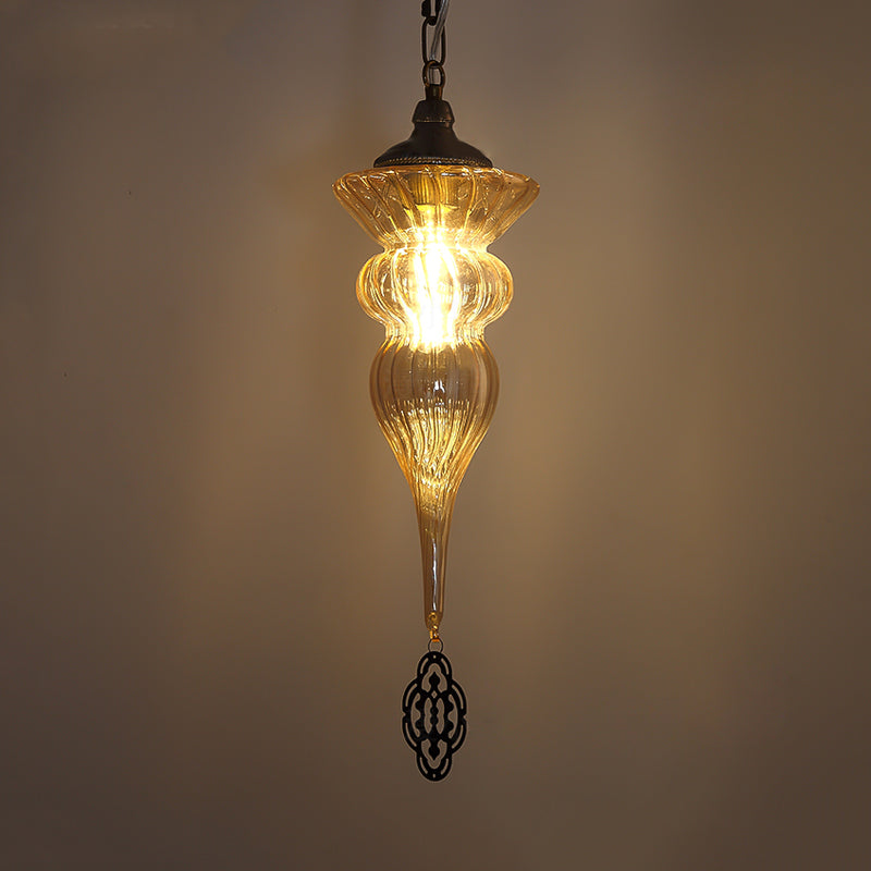 Vintage Brass Urn Drop Lamp With Prismatic Amber Glass Pendant For Restaurants