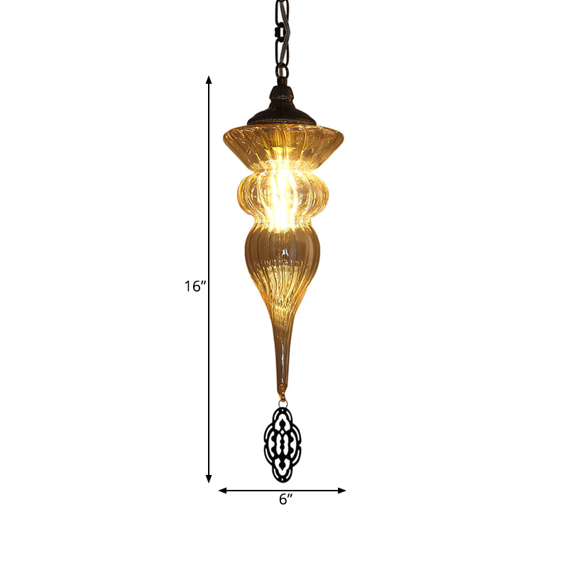 Vintage Brass Urn Drop Lamp With Prismatic Amber Glass Pendant For Restaurants