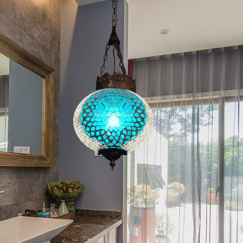 Turkish Handcrafted Art Glass Hanging Pendant Light Fixture - 1 Head Blue/Orange Red Blue