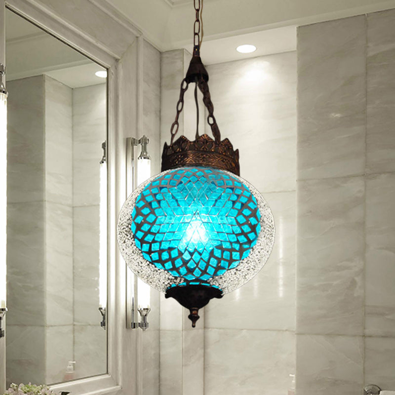 Turkish Handcrafted Art Glass Hanging Pendant Light Fixture - 1 Head Blue/Orange Red
