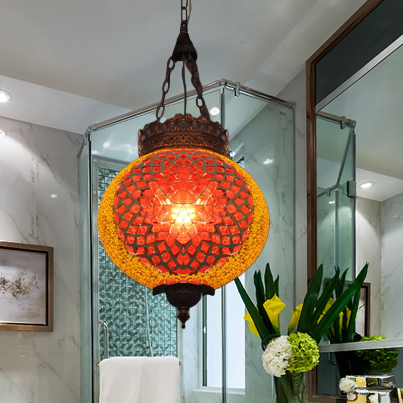 Turkish Handcrafted Art Glass Hanging Pendant Light Fixture - 1 Head Blue/Orange Red Orange
