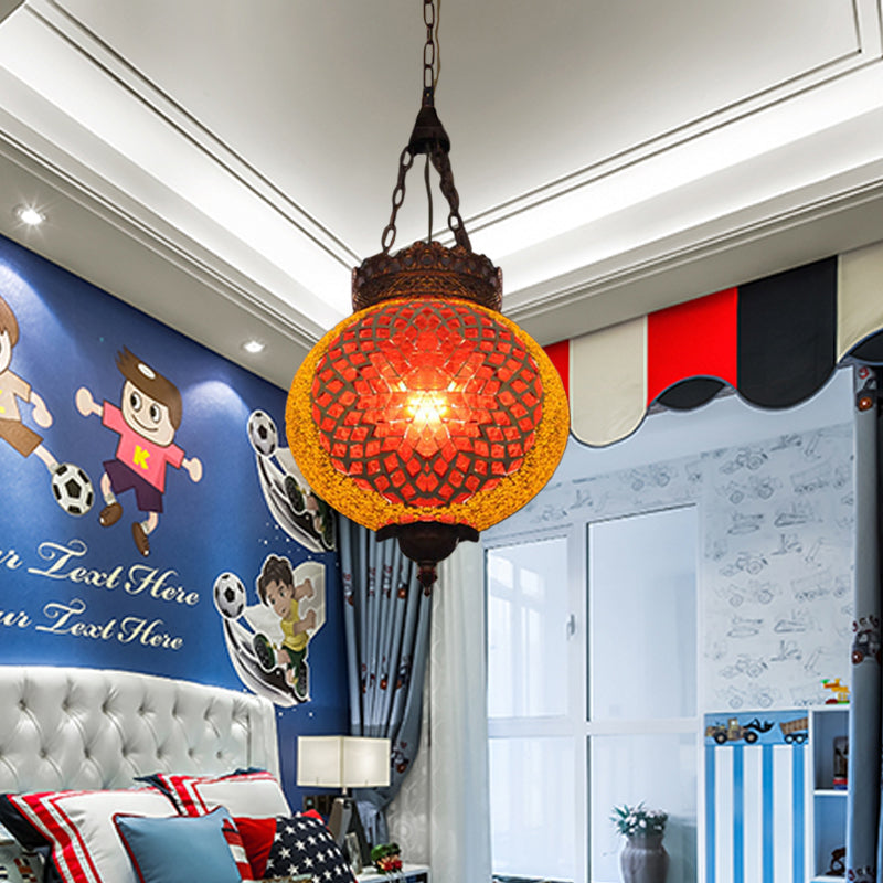 Turkish Handcrafted Art Glass Hanging Pendant Light Fixture - 1 Head Blue/Orange Red
