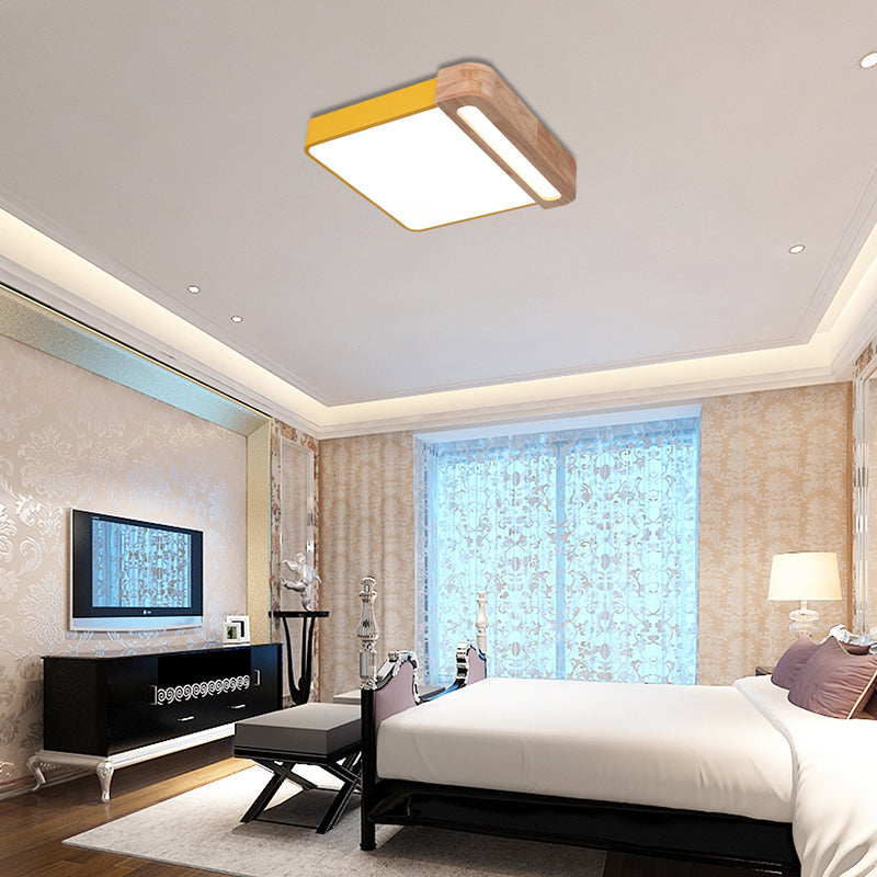 Nordic Square Acrylic Flush Light 12"/16" LED Surface Ceiling Lamp in Grey/White/Red with Wood Guard - Stylish and Modern