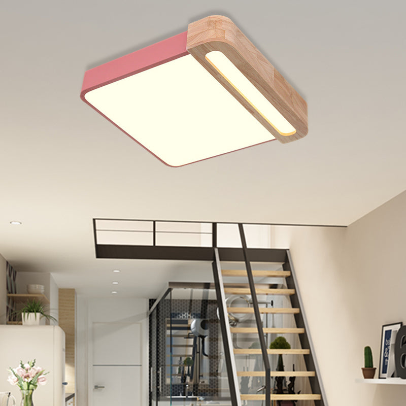 Nordic Square Acrylic Flush Light 12"/16" LED Surface Ceiling Lamp in Grey/White/Red with Wood Guard - Stylish and Modern