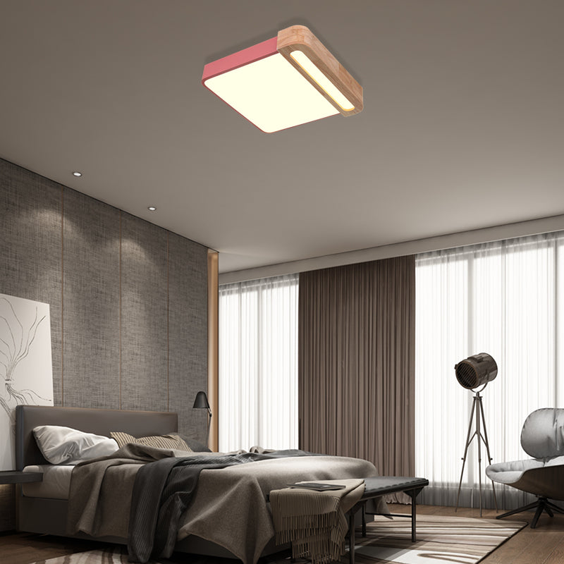 Nordic Square Acrylic Flush Light 12"/16" LED Surface Ceiling Lamp in Grey/White/Red with Wood Guard - Stylish and Modern