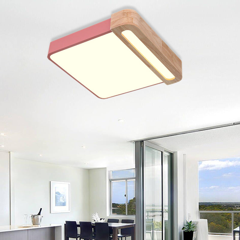 Nordic Square Acrylic Flush Light 12"/16" LED Surface Ceiling Lamp in Grey/White/Red with Wood Guard - Stylish and Modern