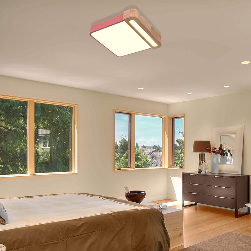 Nordic Square Acrylic Flush Light 12"/16" LED Surface Ceiling Lamp in Grey/White/Red with Wood Guard - Stylish and Modern
