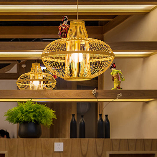 Restaurant Pendant Lamp With Bamboo Shade - Asia Wood Hanging Ceiling Light