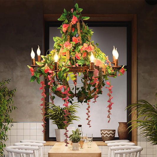 Rose Chandelier LED Rust Hanging Light, Industrial Style, 6 Bulbs- Candle Restaurant