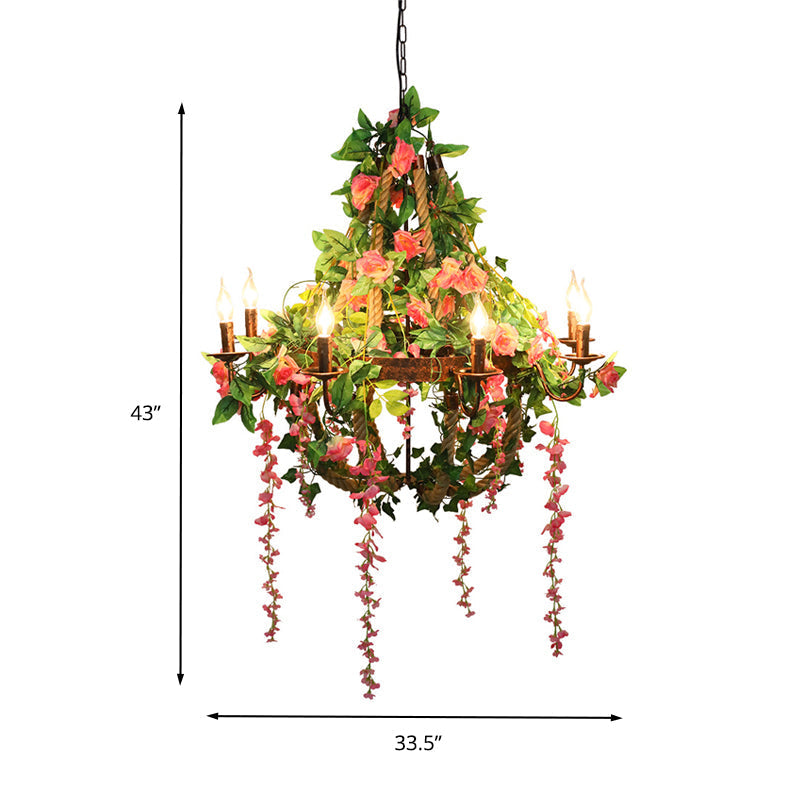 Rose Chandelier LED Rust Hanging Light, Industrial Style, 6 Bulbs- Candle Restaurant