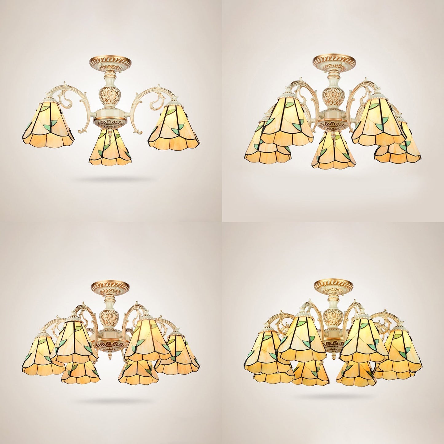 Rustic Leaf Chandelier Lamp with Curved Arm - Beige Glass - 3/5/6/8 Lights - Ideal for Living Rooms