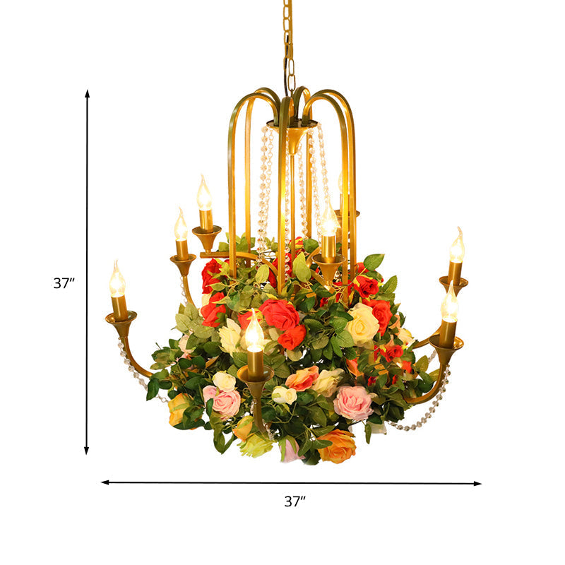 Gold Metal 9-Bulb Chandelier with Rose Decor - Perfect for Restaurant Lighting