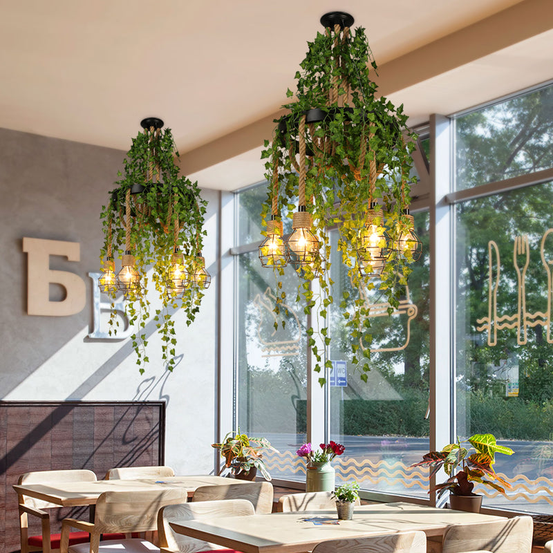 Lustre suspendu en métal antique : plafonnier de restaurant à 6 ampoules en noir