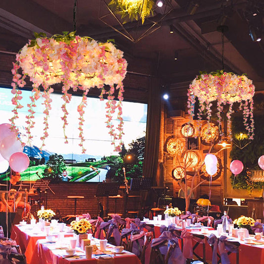Monica - Pink Pink 5 Lights Chandelier Lighting Vintage Metal Floral Hanging Pendant Light for Restaurant