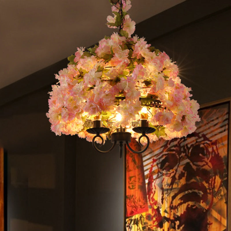 Layla - Vintage Vintage Bowl Chandelier Light Fixture 3 Heads Metal Flower Pendant Lamp in Pink for Restaurant