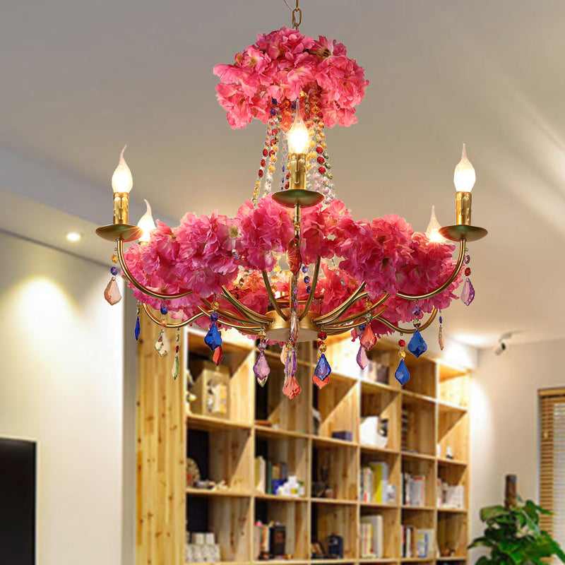 Matilde - Metal Metal Pink Flower Chandelier Lamp Candelabra 6 Bulbs Antique LED Hanging Ceiling Light with Dangling Crystal