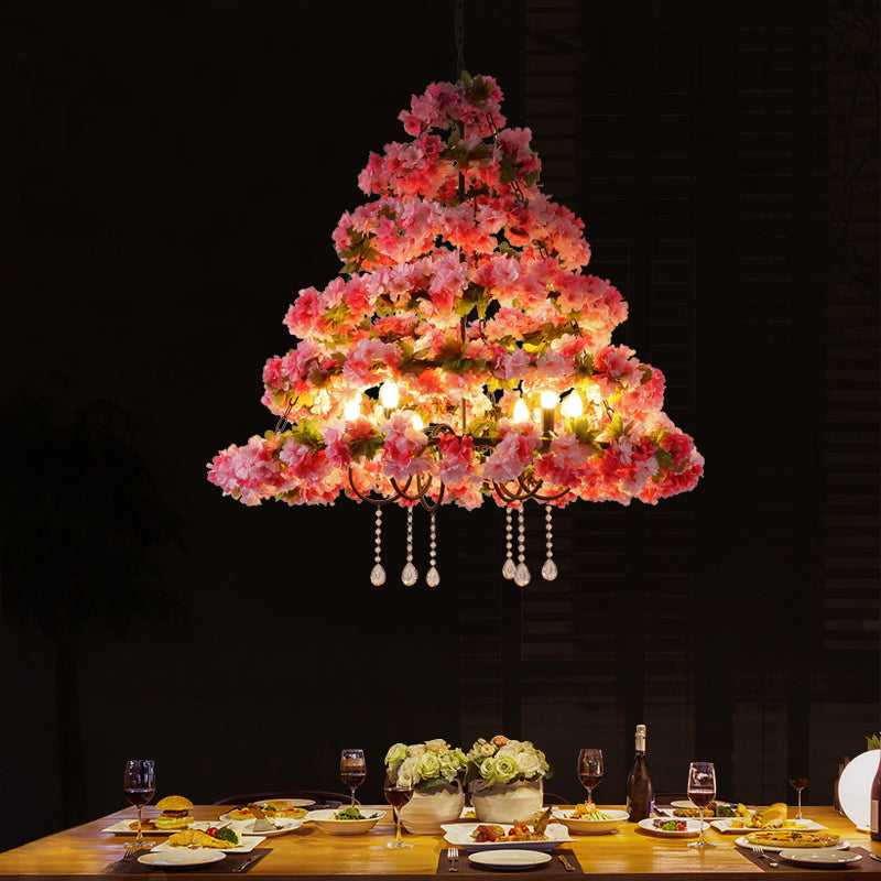 Lustre rétro en métal noir avec drapé en cristal et motif de fleurs de cerisier - Suspension de plafond à 6 lumières LED