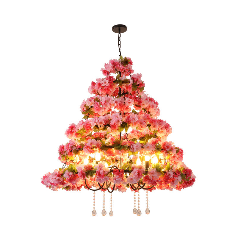 Lustre rétro en métal noir avec drapé en cristal et motif de fleurs de cerisier - Suspension de plafond à 6 lumières LED