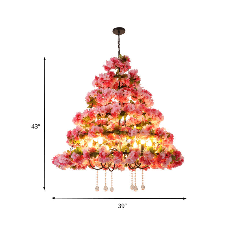 Lustre rétro en métal noir avec drapé en cristal et motif de fleurs de cerisier - Suspension de plafond à 6 lumières LED