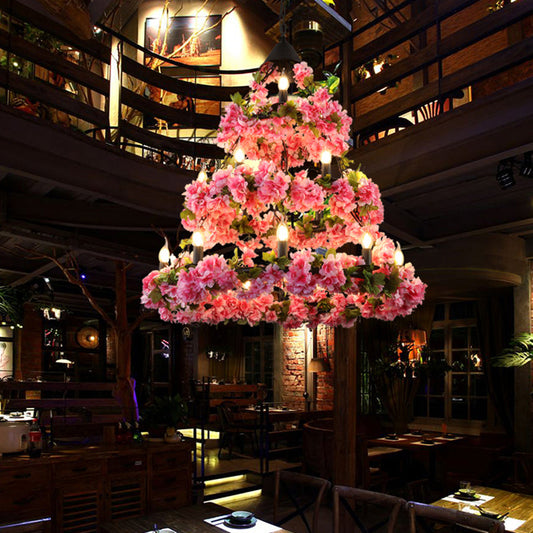 Vintage Metal 3-Tier Rose Pink Chandelier - 18 Heads LED Pendant with Flower Decor
