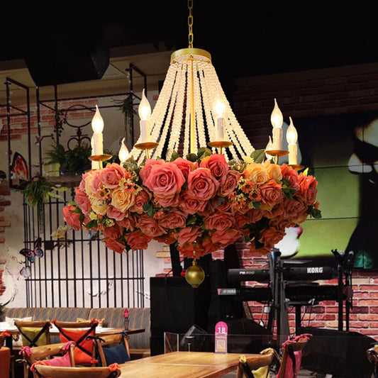 Vintage Rose Chandelier: 10-Bulb Metal Pendant Light in Pink - Ideal for Restaurants