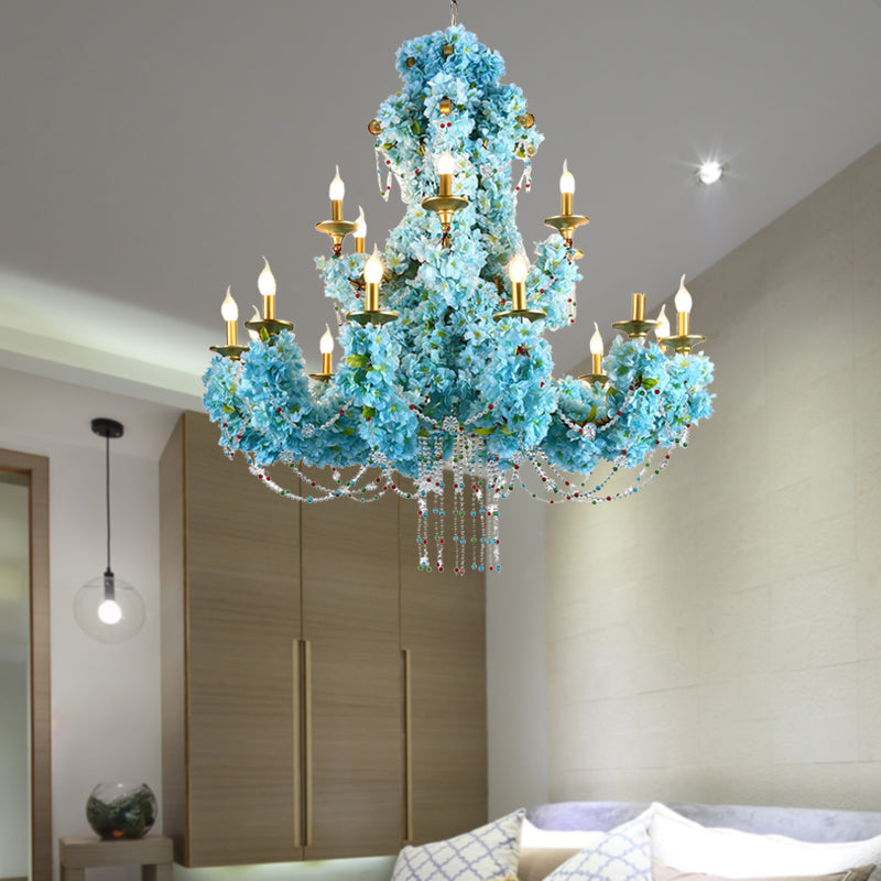 Lustre à LED bleu vintage avec accent en cristal - Métal, 12 lumières - Idéal pour les restaurants et plus