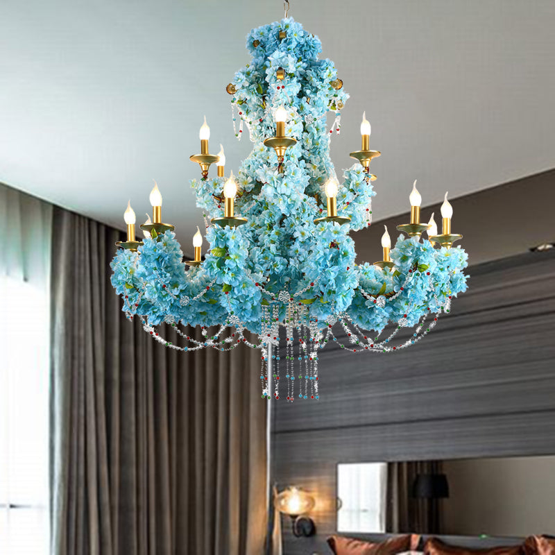 Lustre à LED bleu vintage avec accent en cristal - Métal, 12 lumières - Idéal pour les restaurants et plus