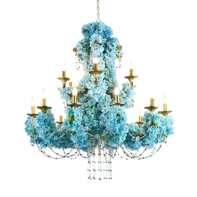 Lustre à LED bleu vintage avec accent en cristal - Métal, 12 lumières - Idéal pour les restaurants et plus