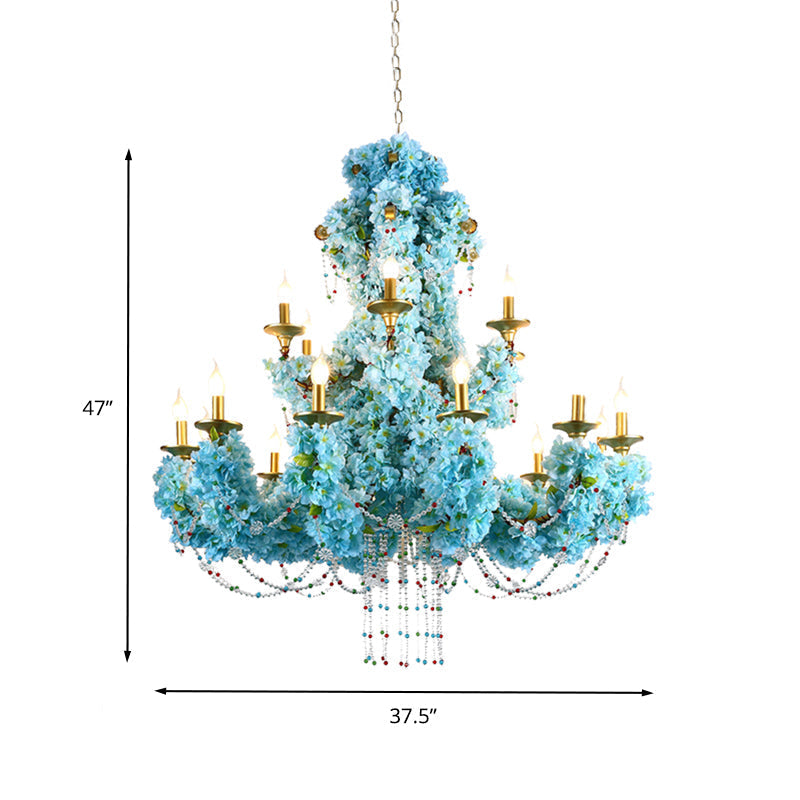 Lustre à LED bleu vintage avec accent en cristal - Métal, 12 lumières - Idéal pour les restaurants et plus
