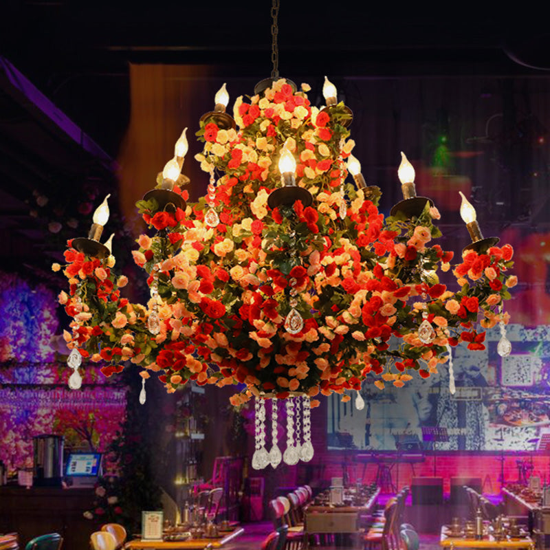 Nash - Red Candle Restaurant Flower Chandelier Light Industrial Metal 15 Bulbs Red LED Pendant Lighting with Crystal Accent